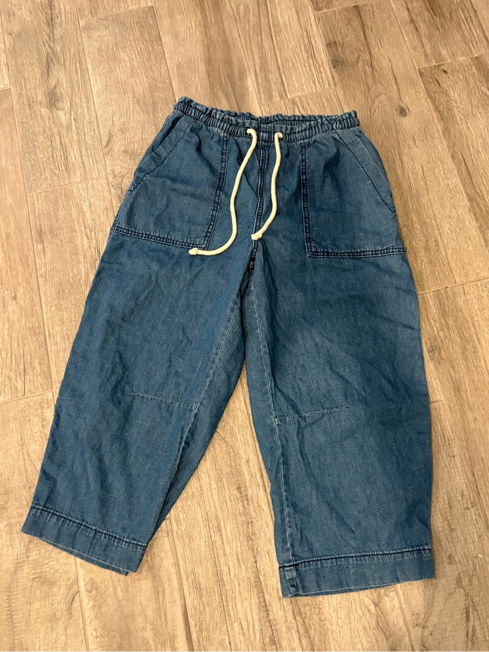 Cropped Drawstring Denim Pants - Blue